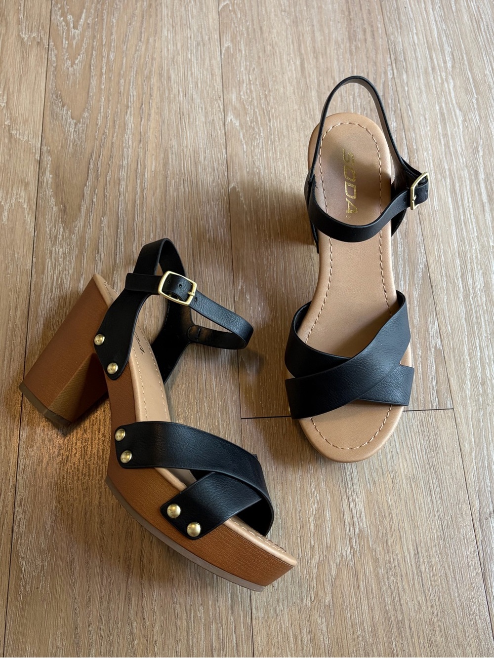 Black & Tan Cross-Strap Block Heel Sandals